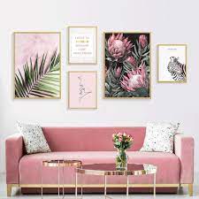 Modern Abstract Pink Sunflower Green Tropical Leaves Positive Affirmations Wall Art Pink Walls Living Room Pictures Pink Living Room