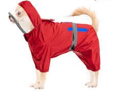 dog wearing a fullbody raincoatの画像
