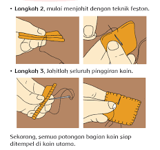 Untuk membuat tusuk feston, kamu perlu memasukan benang dari bawah, beri jarak, lalu masukan. Bahan Yang Digunakan Untuk Menjahit Teknik Feston Adalah Cara Golden