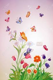 Flowers paintings monet painting claude impressionism paint landscape flower meadow oil wildflowers white daisies, red poppies and yellow beautiful flowers in grass on field painting. Colorful Butterflies Fly Over Flowers Drawing On The Wall In The Children S Room Stock Photo Picture And Royalty Free Image Image 111106350