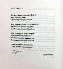Terkenal dengan nama penanya tongkat warrant, beliau ialah seorang penyair dan ahli drama yang prolifik ketika hayatnya. Sajak Guru Usman Awang Koleksi Puisi