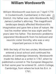 With this biography, explore the childhood and life of william wordsworth. William Wordsworth Essay 100 Words Brainly In