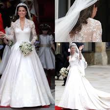 2014 V Neck Long Sleeves Satin Kate Middleton Wedding Dresses A Line Appliq Vintage Ball Gown Wedding Dresses Wedding Dress Vintage Sleeves Big Wedding Dresses