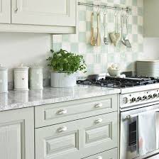 Pale Green Kitchen With Chequerboard Splashback Ideal Home Light Green Kitchen Green Kitchen Kitchen Remodel