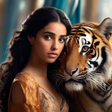 Image: Naomi Scott as Princess jasmine hugs a tiger, a sad look, a tear