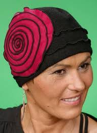 Marlene Hat is black and red. A stylish hat for chemotherapy hair loss