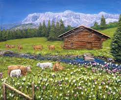 peinture chalet vaches et prairie acrylique relief virginie trabaud artiste peintre paysagiste paysage coloriage du drapeau d&#x00027;irlande nord