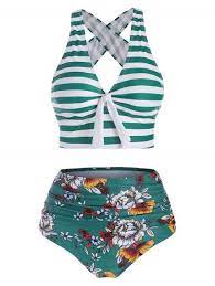 Striped Tied Crisscross Tummy Control Bikini Swimwear Bikini Swimwear High Waisted Bikini Swimwear Swimwear