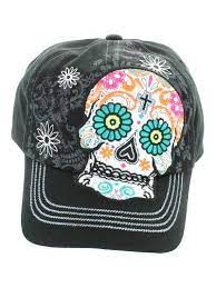 Sugar Skull Embroider Rhinestone Black Cap Hat Skeleton White Pink Teal Hat Unbranded Baseballcap Teal Hat Black Cap Hats