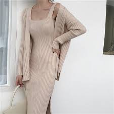 New Winter Women Cardigan Straps Dress Casual Two Piece Suit Elegant Long Sleeve Knitted Sweater Dress Sets Long Knitted Dress Fashion Casual Dresses