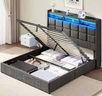 Rangka tempat tidur Lift Up ukuran dengan penyimpanan, rangka tempat tidur  penuh berlapis kain dengan lampu LED dan stasiun pengisian daya, tanpa ...