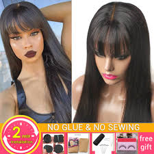 * second, braid your own hair. Lanqi Bone Straight Human Hair Wig With Bangs Machine Made Wig Glueless Wig Brazilian Natural Hair Wigs For Women No Glue Wig Human Hair Lace Wigs Aliexpress