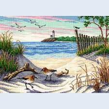 Are there any cross stitch patterns that are free? Kousen Handwerken Breigarens Beauty Of The Beach Dimensions Counted Cross Stitch Kit Cross Stitch Landscape Cross Stitch Dimensions Cross Stitch