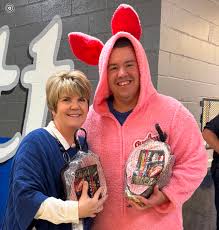 🎅🏼🎄 Santa caught Mrs. Corbin and Ralphie...err, we mean Mr. Higgins,  hamming it up for the camera! 😂🎁 A huge THANK YOU to Superintendent Lee Ann  Corbin, Board Member Caleb Higgins, and