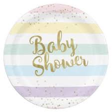 Faux Gold Foil Pastel Rainbow Stripes Baby Shower Paper Plate Zazzle Com Pastel Baby Shower Rainbow Theme Baby Shower Rainbow Baby Shower Theme