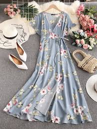 Wrapping maxi skirt secures via two adjustable ties at the waist. 35 Off 2021 Zaful Floral Slit Sleeves Maxi Wrap Dress In Light Blue Zaful