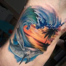 Best Wave Dolphin Tropical Sunset Tattoo Liz Venom By Lizvenom On Sunset Tattoos Waves Tattoo Ocean Tattoos