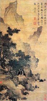 唐伯虎书画真迹 山石的皴法丰富 多有短砍 长皴 顺笔 逆毫 方折 圆转等笔墨 林木 房舍 溪流等景物 穿插有序 密而不窒 杂而不乱 极富 韵律和文人画秀润空灵的美感 墨色淋漓 又富浓淡变化 chinese drawings korean art oriental art