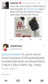 In addition to the above allowance passengers may carry onboard in all. Is It True Hiking Backpacks Are Not Allowed As Cabin Baggage In Airasia Flights Small Town Girls Midnight Trains