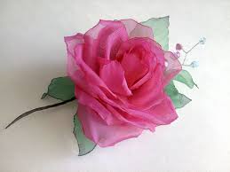 Very Bright Chiffon Fuchsia Color Rose Harmonically Framed With A Bright Emerald Leaves And Enriched With A Tw Fabric Flowers Fabric Flower Brooch Fabric Roses