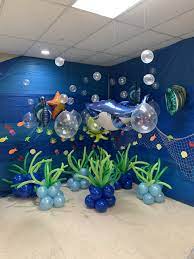 A 3 meter tall underwater theme balloon columns. Ocean Reef Shark Themed Birthday Party Shark Theme Birthday Ocean Birthday Party