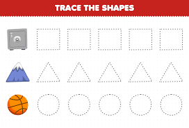 jeu éducatif pour les enfants tracer les formes carré coffre-fort triangle  montagne cercle basket-ball feuille de calcul imprimable 9639088 Art  vectoriel chez Vecteezy