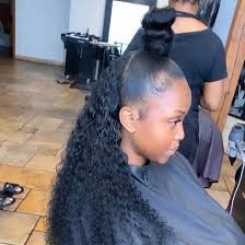 For any shorter pieces of hair in the back, use bobby pins to hold them up. Half Up Half Down Quickweave Can Either Go Two Ways In A Bun Or Ponytail Both Cute Book Now C Half Up Half Down Hair Quick Weave Hairstyles Quick Weave