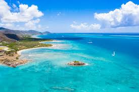 Aerial view by drone of the crystal Caribbean Sea, Urlings, Antigua, Antigua and Barbuda, Leeward Islands, West Indies, Caribbean, Central America stock photo