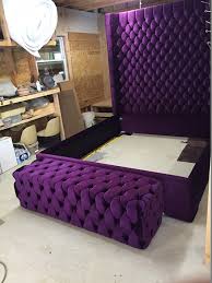 Custom Listing Wingback Tufted Bed And Matching Bench King Size Wing Back Tufted Bed Upholstered Bed Extra Tall Head Upholstered Beds Tufted Bed Purple Bedding