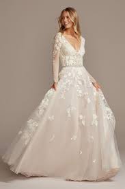 Shimmer Lace Long Sleeve Applique Wedding Dress David S Bridal In 2020 Petite Wedding Dress Ball Gown Wedding Dress Wedding Dress Styles
