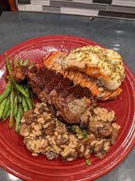 $13 walt's favorite shrimp and a beverage on thursdays. Valentine S Day Meal In Steak Lobster Tail Green Beans And Mushroom Risotto Oc Foodporn