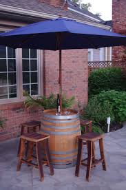 Wine Barrel Bar Table With Umbrella 4 Stools By Backyard Barrel Company 799 Backyard Table Wine Barrel Bar Wine Barrel Garden