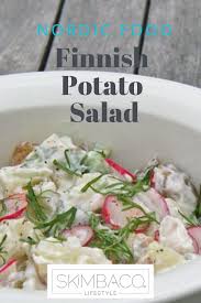 This salad can be made with russet, red sour cream replaces some of the mayonnaise, resulting in a very creamy and lightly tangy potato salad. Finnish Potato Salad Is Made With Sour Cream Not Mayo And I Add Radishes To Dress It Up Potato Salad Recipes Potatoe Salad Recipe