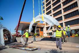 Our newest public art installation has landed in front of City Hall! Titled  "Strata" and designed by artist Adrian Yu, @uynairda, and  @digital.ambiance, it's a large-scale sculpture of an abstract mountain  range