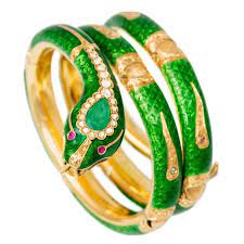 1960s Italian Enamel Emerald Diamond Head Gold Snake Bangle From A Unique Collection Of Vintage Bangles A Bangles Bracelets Gold Diamond Gold Bangle Bracelet