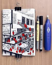 Black And White Architectural Drawing With Red Details For Pop Sketch Book Architecture Drawing Architecture Sketchbook