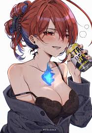 keisea, elizabeth rose bloodflame, hololive, hololive english, absurdres,  highres, 1girl, ahoge, alcohol, alternate costume, alternate hairstyle,  beer, beer can, blue fire, bra, breasts, can, casual, cleavage, colored  inner hair, drink can, earrings,