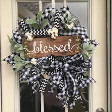 Black And White Plaid Decor Blessed Wreath Black White Plaid Blessed Door Decor Front Door Wreath Ready To Ship Buffalo Pla In 2020 Plaid Decor Fall Floral Arrangements Buffalo Plaid Decor