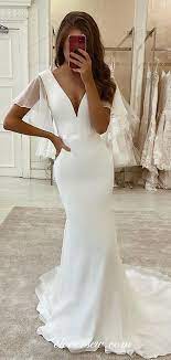 Off White Chiffon Satin Short Sleeves Mermaid Wedding Dresses Cw0181 Dresses Wedding Dresses High Fashion Dresses