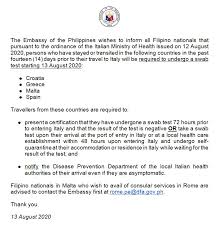 Advisory On The Mandatory Swab Tests For Philippine Embassy In Italy Facebook