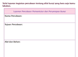 Check spelling or type a new query. Laporan Percobaan Pemantulan Dan Penyerapan Bunyi Kelas 4 Halaman 137