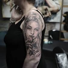 Black And Grey Realism Tattoo Artists Scotland Realistic Woman Portrait Tattoo In Black And Grey On The Sleeve Made By John Hudic In Amsterdam At Fr Black And Grey Tattoos Amsterdam Tattoo Portrait Tattoo