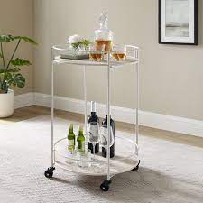 Half circle bar cart with three tiered wood shelves, chrome frame and wheels dimensions: Round Bar Carts You Ll Love In 2021 Wayfair