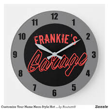 Customize Your Name Neon Style Hot Rod Car Garage Large Clock Zazzle Com Garage Clock Hot Rods Cars Classic Car Garage