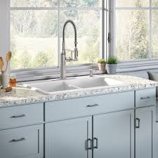 How do you install cast iron kitchen sink? Kohler Brookfield Drop In Cast Iron 33 In 4 Hole Double Bowl Kitchen Sink In White With Sous Faucet In Vibrant Stainless Steel Rh5846 4 R10651 The Home Depot Single Bowl Kitchen Sink Double Bowl Kitchen