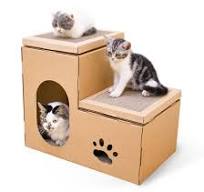 Multi-Level Corrugated Cardboard Cat House with Scratcher Pad Farmhouse  Style Cat Bed Cave Hideout