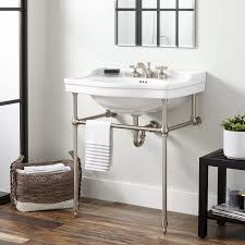 Contemporary Embellishments Enhance The Cierra Console Sink With Brass Stand A Great Fit For Small Bathrooms This In 2020 Bathroom Console Console Sink Console Sinks