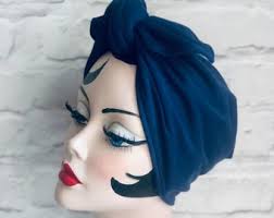 Vintage style retro Handgemachte Chemo Kopftuch Rosen blau Land Girl WW2  Kopfbedeckung 1940s Reenactment Rosie the Nieter Vegan Bandana