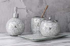 Get it as soon as fri, jun 11. Buy Whole Housewares Bathroom Accessories Set 4 Piece Glass Mosaic Bath Accessory Completes With Lotion Dispenser Soap Pump Cotton Jar Vanity Tray Toothbrush Holder Silver Online In Vietnam B0791yrmhf