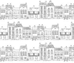 Colorful Fabrics Digitally Printed By Spoonflower Down Our Street Drawing Drawings Ink Drawing House Doodle